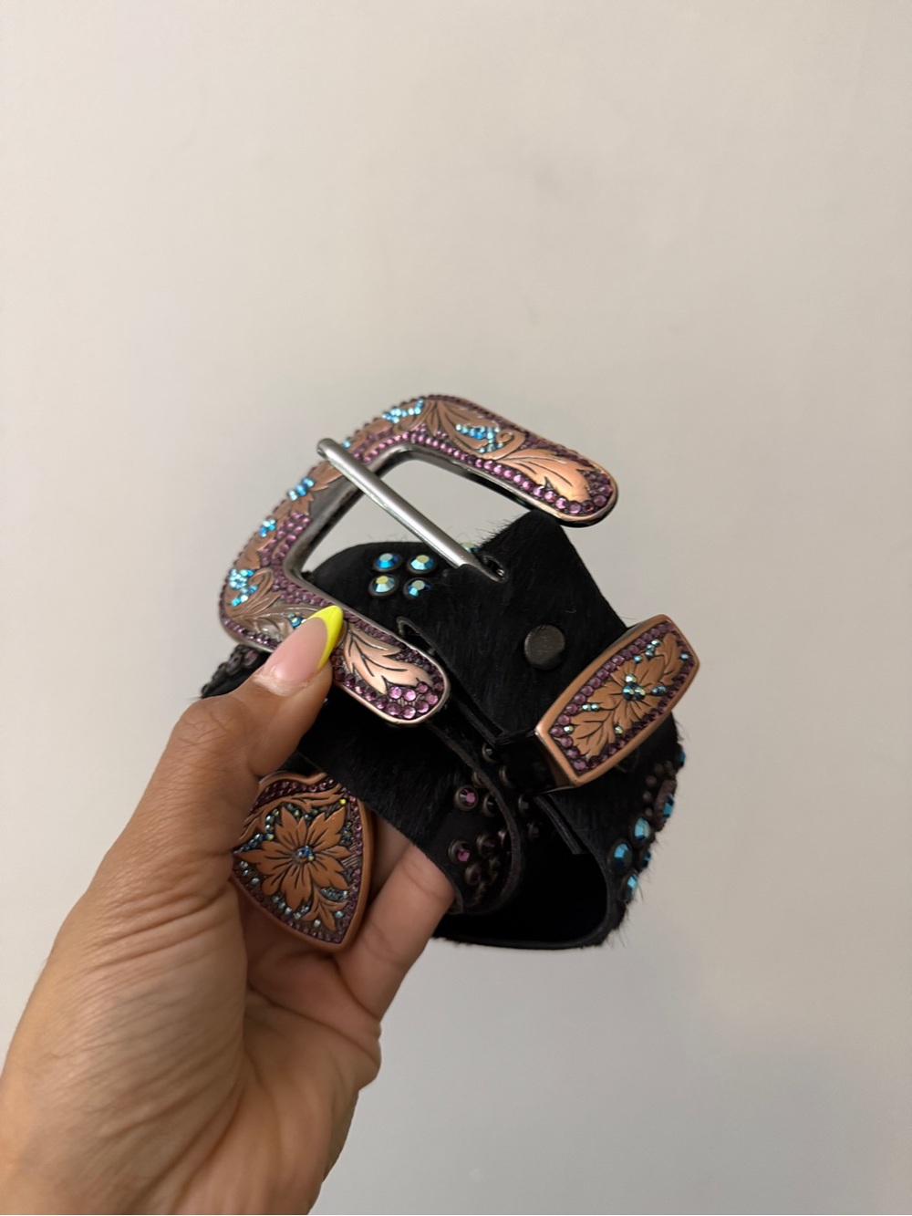 Y2K vintage Kippys Black Haircalf Belt with Turquoise and Purple Studs